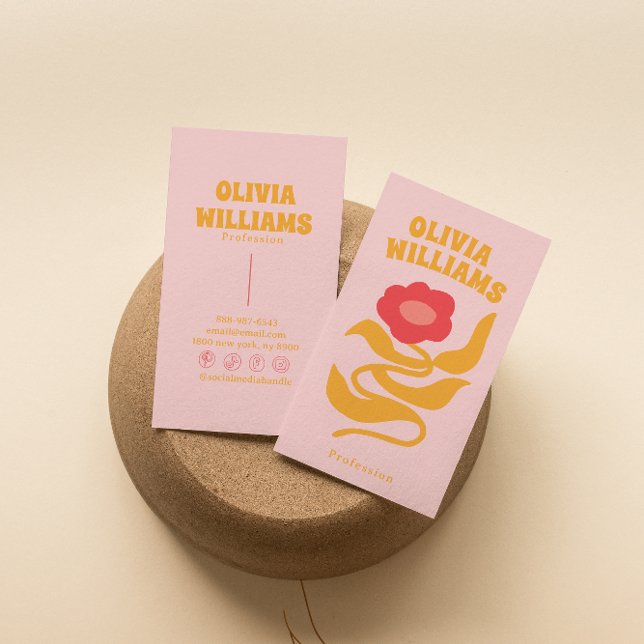 Retro Pink Orange Boho Groovy Floral Girly Trendy Visitenkarte (Von Creator hochgeladen)