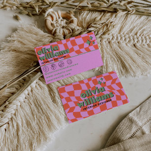 Retro Pink Orange Boho Groovy Kariert Einzigartig Visitenkarte