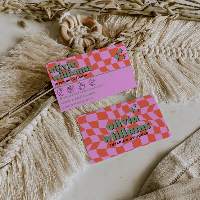 Retro Pink Orange Boho Groovy Kariert Einzigartig Visitenkarte (Von Creator hochgeladen)