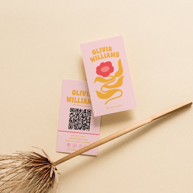 Retro Pink Orange Boho QR-Code Groovy Floral Weibl Visitenkarte (Von Creator hochgeladen)