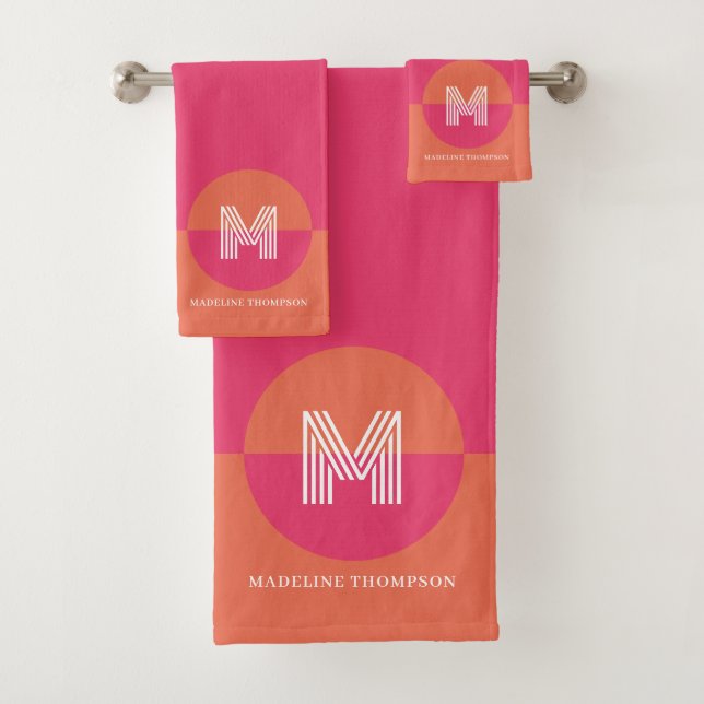 Retro Pink Orange Geometric Modern Monogram Badhandtuch Set (Insitu)
