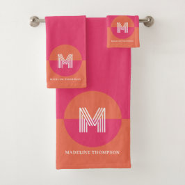 Retro Pink Orange Geometrisches Modernes Monogramm Badhandtuch Set