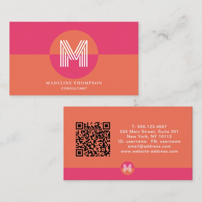 Retro Pink Orange geometrisches Monogramm QR-Code Visitenkarte (Vorne/Hinten)