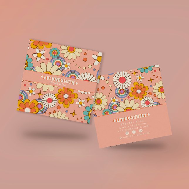 Retro Pink Orange Groovy Floral Boho Girly Trendy Quadratische Visitenkarte (Von Creator hochgeladen)