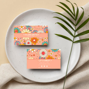 Retro Pink Orange Groovy Floral Boho Girly Trendy Visitenkarte