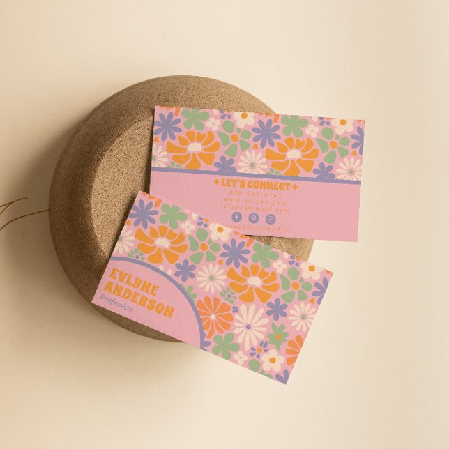 Retro Pink Orange Groovy Floral Boho Girly Trendy Visitenkarte (Von Creator hochgeladen)