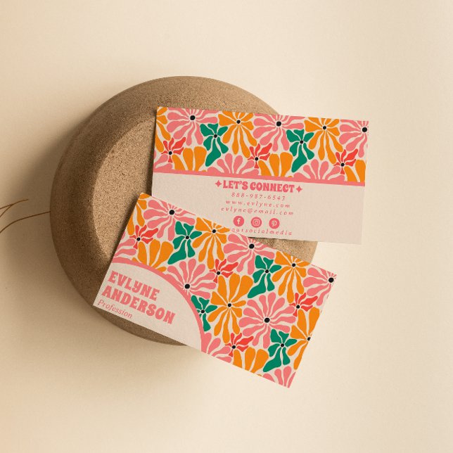 Retro Pink Orange Groovy Floral Boho Girly Trendy Visitenkarte (Von Creator hochgeladen)