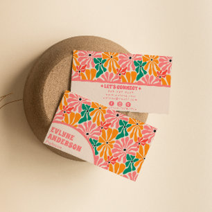 Retro Pink Orange Groovy Floral Boho Girly Trendy Visitenkarte