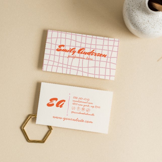 Retro Pink Orange Hand Gezeichnet Groovy Girly Visitenkarte (Von Creator hochgeladen)