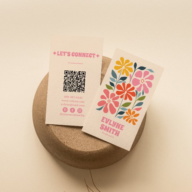 Retro Pink Orange QR Code Groovy Floral Girly Boho Visitenkarte (Von Creator hochgeladen)