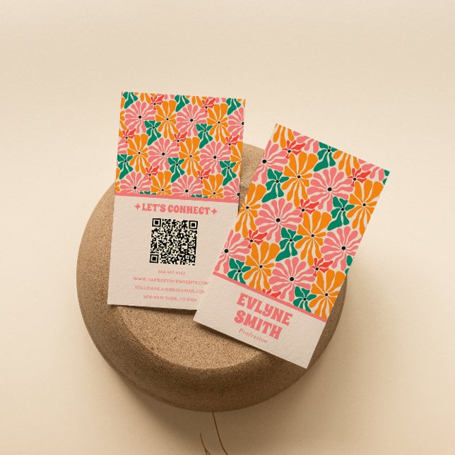 Retro Pink Orange QR Code Groovy Floral Trendy Visitenkarte (Von Creator hochgeladen)