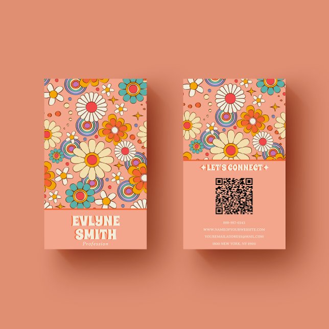 Retro Pink Orange QR Code Groovy Floral Trendy Visitenkarte (Von Creator hochgeladen)