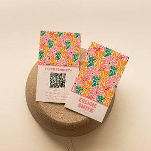 Retro Pink Orange QR Code Groovy Floral Trendy Visitenkarte