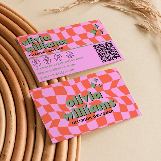 Retro Pink Orange QR-Code Groovy Kariert Einzigart Visitenkarte (Von Creator hochgeladen)