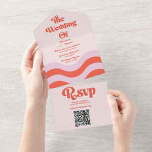 Retro Pink Orange Typografie QR-Code Hochzeit All In One Einladung