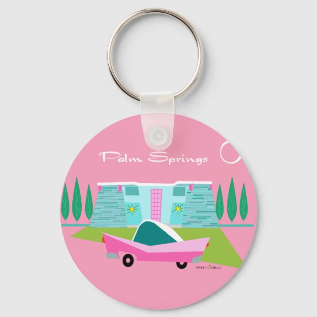 Retro Pink Palm Springs Button Schlüsselanhänger (Vorderseite)
