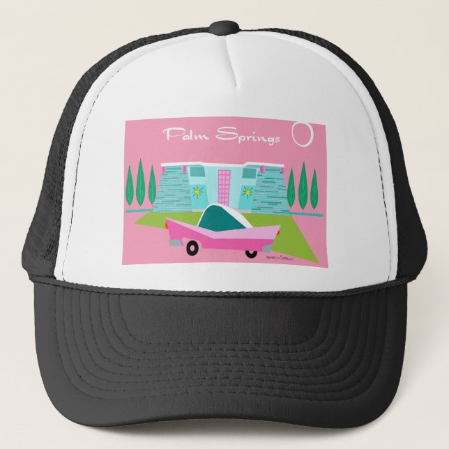 Retro Pink Palm Springs Trucker Hat Truckerkappe (Vorderseite)