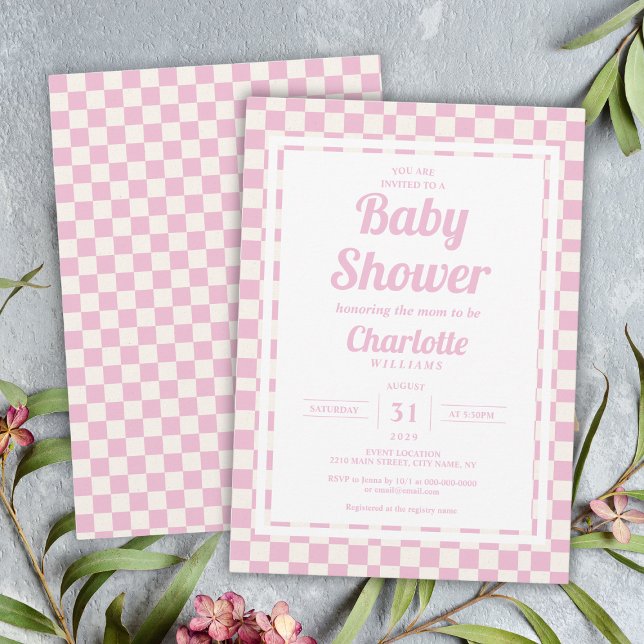 Retro Pink Pastel Karo Muster Girl Babydusche Einladung (Retro Pink Pastel Check Pattern Girl Baby Shower Invitation
)