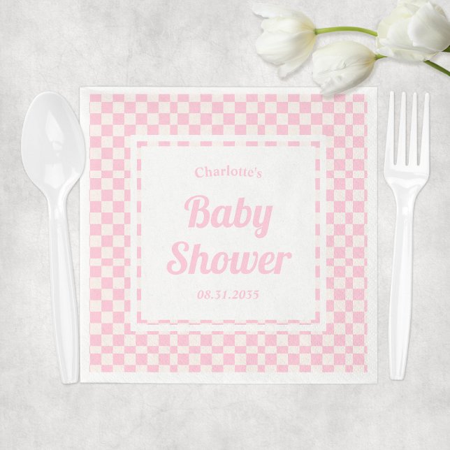 Retro Pink Pastel Karo Muster Girl Babydusche Serviette (Retro Pink Pastel Check Pattern Girl Baby Shower Napkins
)