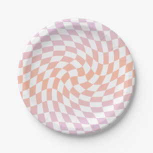 Retro Pink Peach Karo Warmes Karton   Pappteller