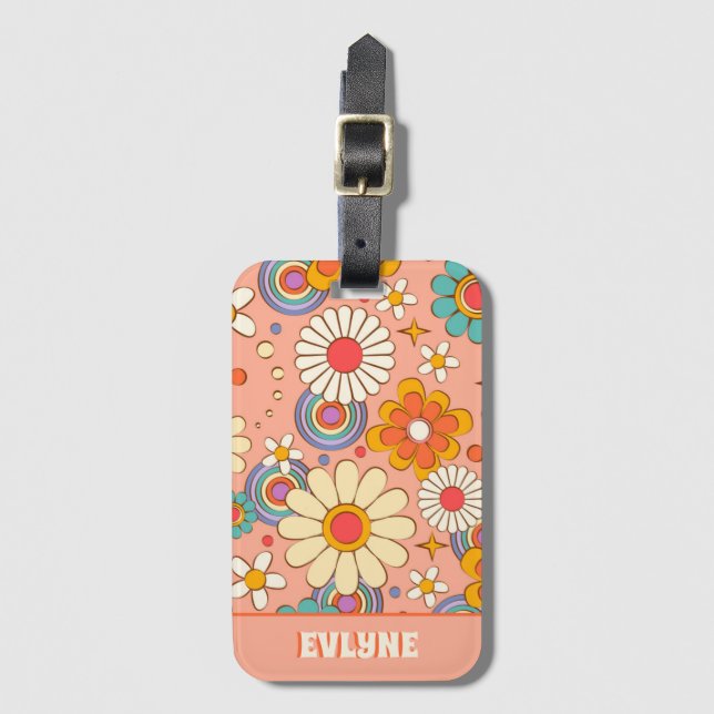 Retro Pink Peach Orange Groovy Floral Trendy Gepäckanhänger (Vorderseite Vertikal)
