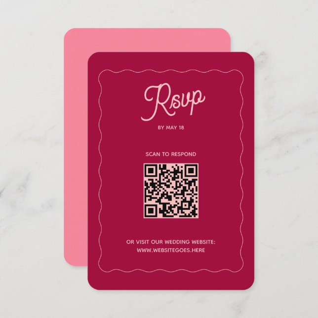 Retro Pink Peach Wave Frame QR Code Hochzeit onlin RSVP Karte (Vorne/Hinten)