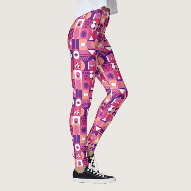 Retro Pink Purple Wine Bauhaus Pattern Leggings (Rechts)
