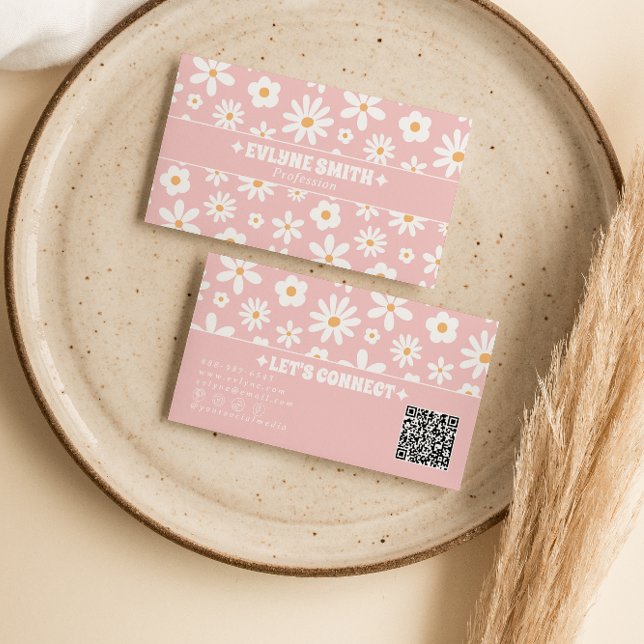 Retro-Pink-QR-Code Groovy Floral Boho Mädchenhaft  Visitenkarte (Von Creator hochgeladen)