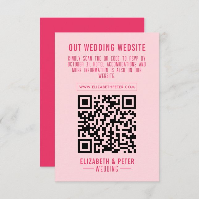 Retro Pink QR Code Wedding Website RSVP Karte (Vorne/Hinten)