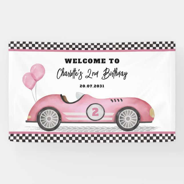 Retro Pink Race Car Zwei schnelles Mädchen Geburts Banner (Horizontal)