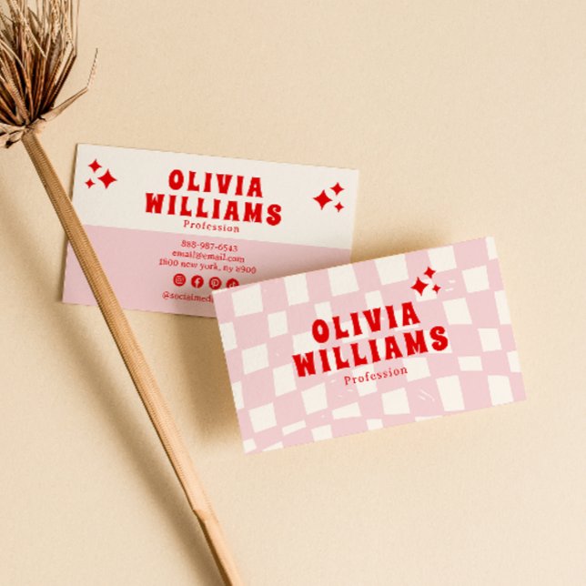 Retro Pink Red Bold Groovy Trendy Girly Checkered Visitenkarte (Von Creator hochgeladen)