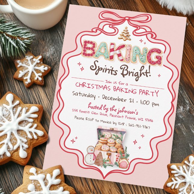 Retro Pink & Red Bow Weihnachtskochtopf Backen Par Einladung (Cute pink red green coquette bow ribbon frame Baking Spirits Bright Christmas cookie Baking Invite)