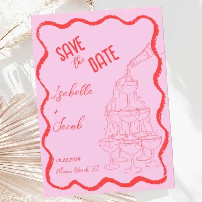 Retro Pink Red Champagne Tower Save the Date Einladung (Von Creator hochgeladen)