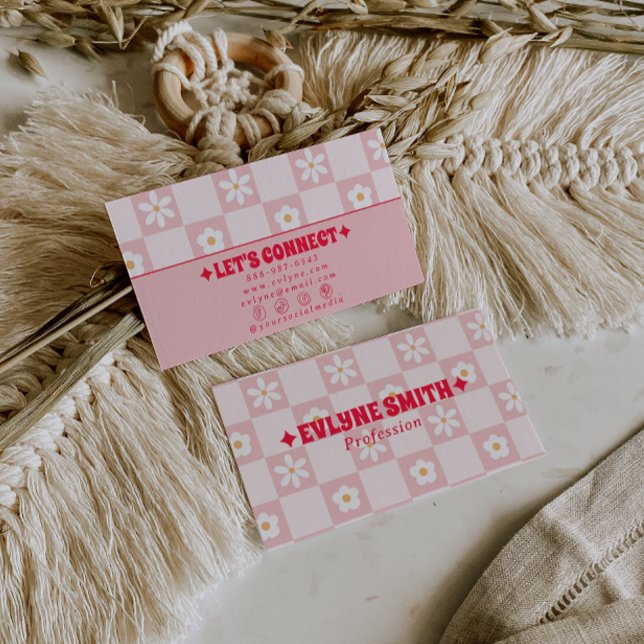 Retro Pink Red Checkered Groovy Floral Boho Trendy Visitenkarte (Von Creator hochgeladen)