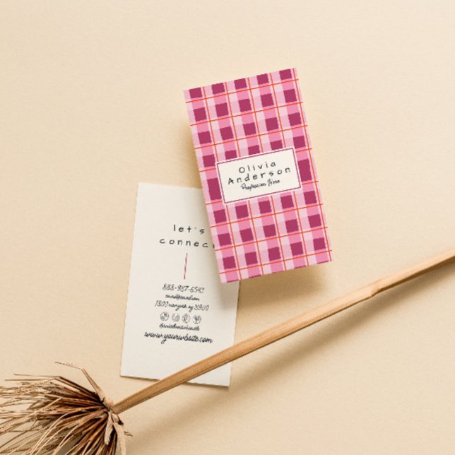 Retro Pink Red Checkered Quirky Boho Girly Fun Visitenkarte (Von Creator hochgeladen)