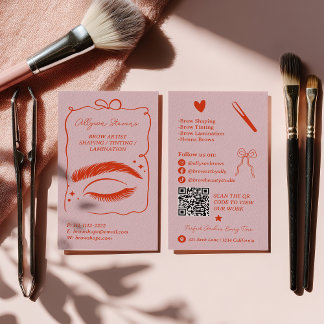 Retro Pink Red Doodles Brow Artist QR Code Visitenkarte