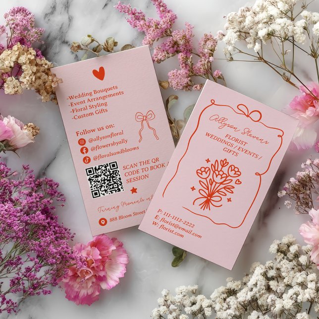 Retro Pink Red Doodles Florist Artist QR Code Visitenkarte (Retro Pink Red Doodles Florist Artist QR Code Business Card)
