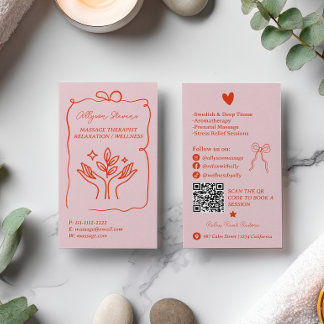 Retro Pink Red Doodles Massage Therapist QR Code Visitenkarte