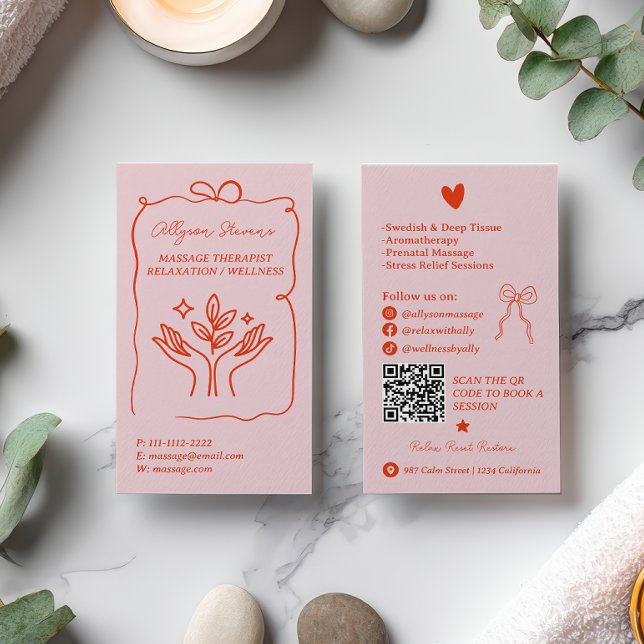 Retro Pink Red Doodles Massage Therapist QR Code Visitenkarte (Retro Pink Red Doodles Massage Therapist QR Code Business Card)