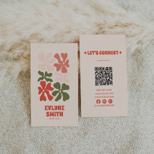 Retro Pink Red Green QR Code Groovy Floral Boho Visitenkarte