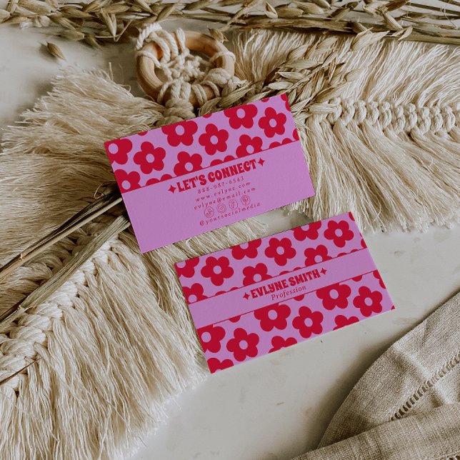 Retro Pink Red Groovy Floral Boho Girly Trendy Visitenkarte (Von Creator hochgeladen)