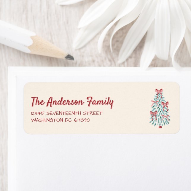 Retro Pink Red Hand Drawn Ribbons Tree Weihnachten (Insitu)