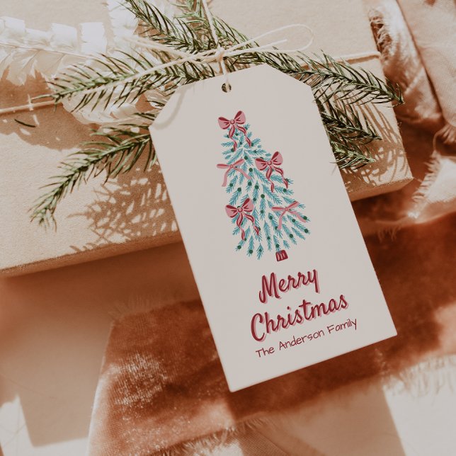 Retro Pink Red Hand Drawn Ribbons Tree Weihnachten Geschenkanhänger (Von Creator hochgeladen)