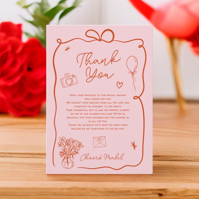 Retro pink red handdrawn illustrated bridal shower dankeskarte (Retro pink red handdrawn illustrated bridal shower thank you card)