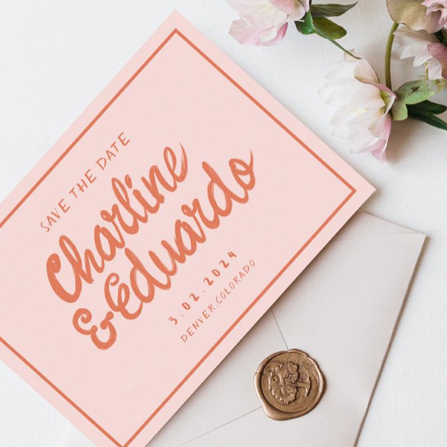 Retro Pink & Red Handwriting Wedding speichern Sie Einladung (Von Creator hochgeladen)