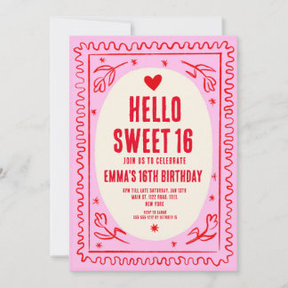 Retro Pink Red Handwritting Sweet 16 Geburtstag Einladung