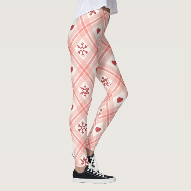 Retro Pink & Red Heart Schneeflocken Muster Leggings (Rechts)