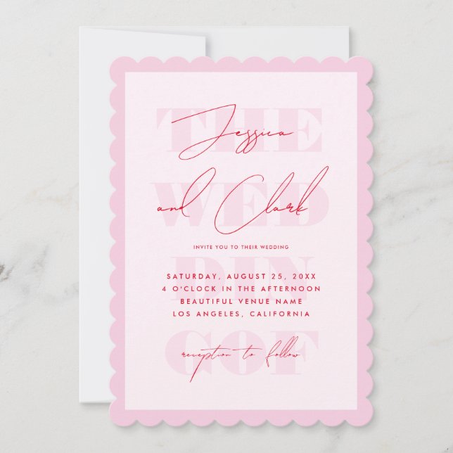 Retro Pink & Red Typografy Script Einfache Hochzei Einladung (Vorderseite)