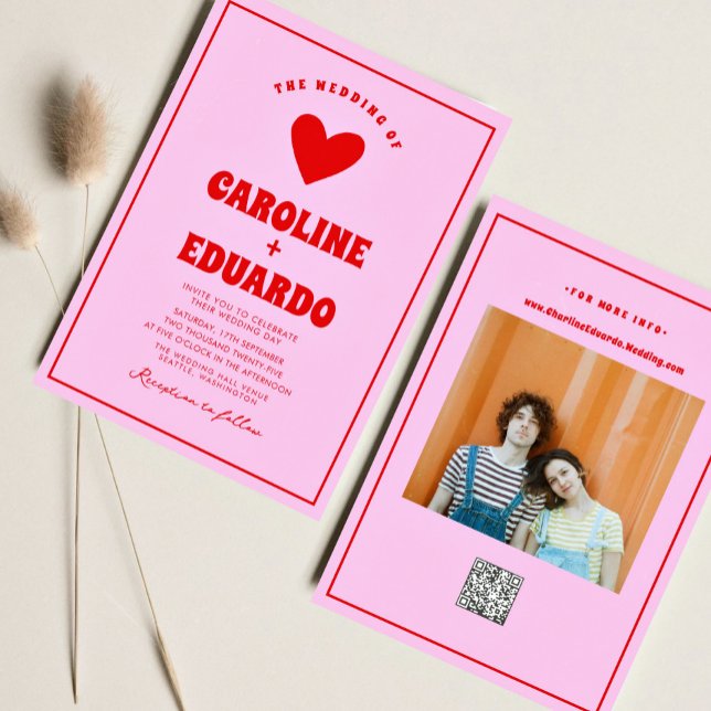 Retro Pink Red Wavy Boho Wedding Qr Code Einladung (Von Creator hochgeladen)