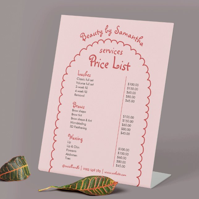 Retro Pink Red Whimsical Arch Girly Pricing Menu Sockelschild (Trendy pink & red whimsical hand drawn price list pedestal sign)